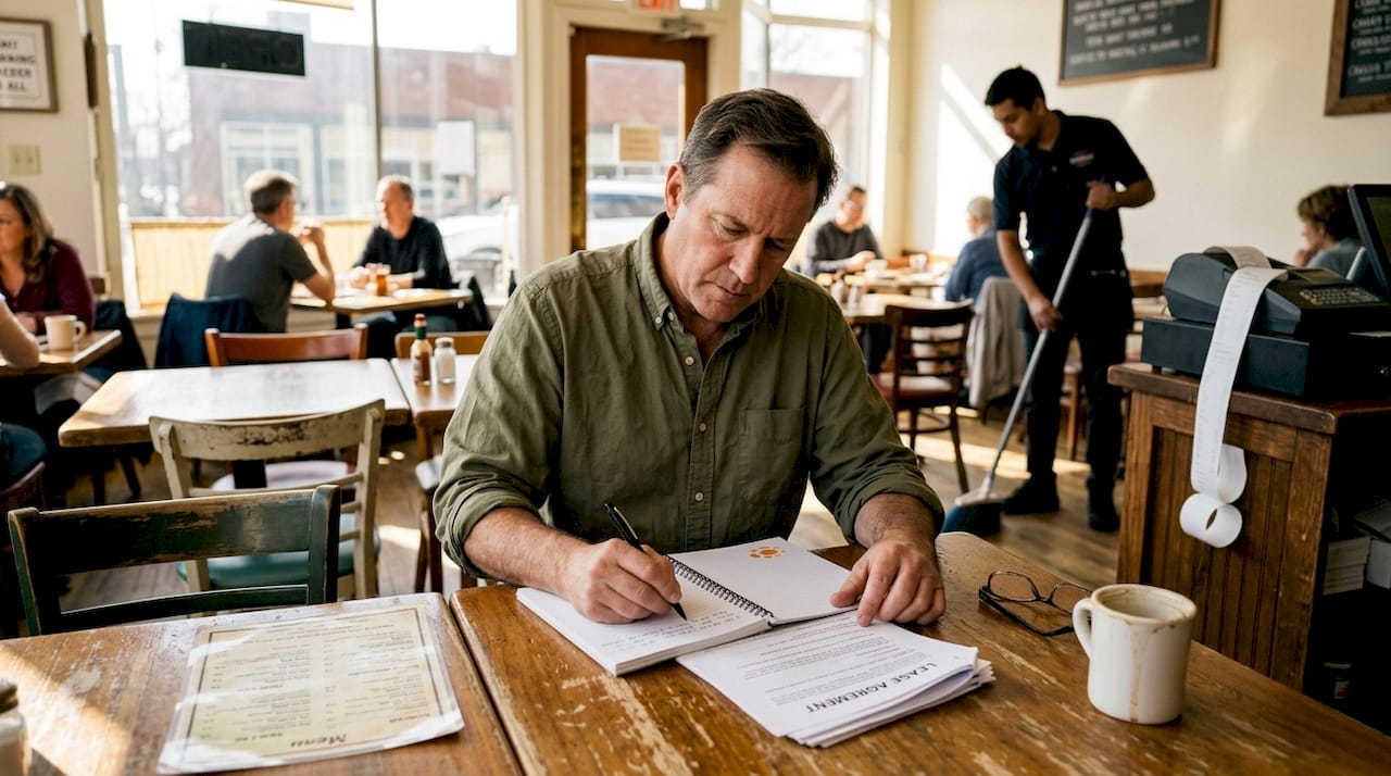 Restaurant manager reviewing lease documents at table