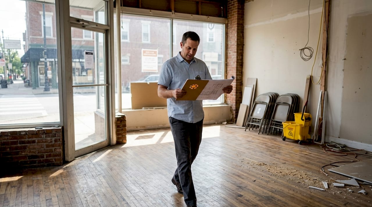 Restaurant owner reviewing blueprints in vacant space